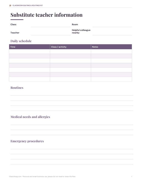 Preview of Printable Substitute Teacher Folder